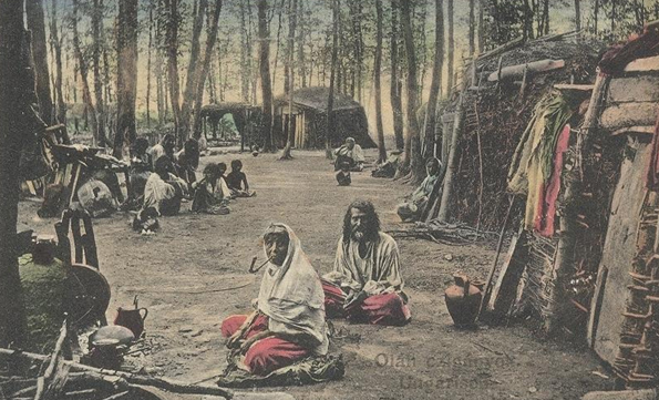 Gipsy camp in the forest in the 19th century