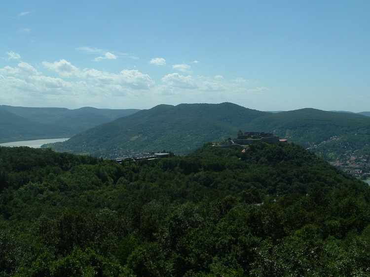 View from the lookout tower of Nagy-Villám Mountain to Castle of Visegrád, and to the Danube Bend