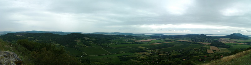 Panoramic view from the Csobánc Hill to the Basin of Tapolca and the extinct volcanoes